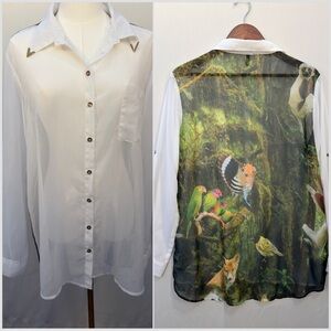 Jungle Animal Print Back Sheer Blouse XXL Western Collar Tip Button Up Shirt